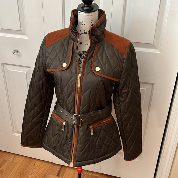 Vince Camuto quilted belted field jacket green tan sz medium - Picture 5 of 14